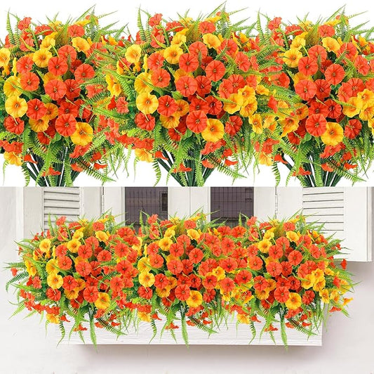 Artificial Fall Flowers for Outdoors 12 Bundles Fake Mums Petunias Flowers UV Resistant Shrubs Plants with Fern for Indoor Outside Hanging Planters Home Garden Autumn Decoration(Orange Yellow)