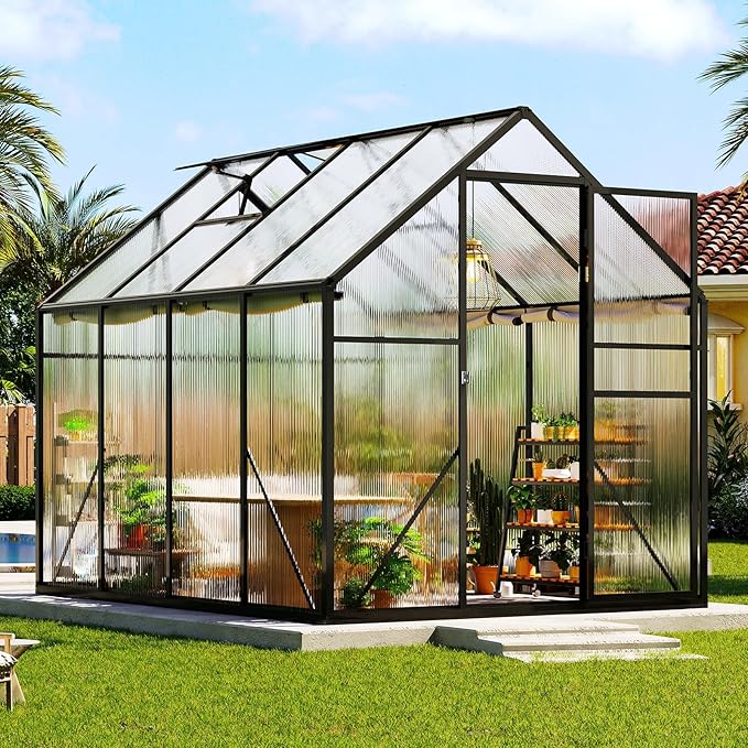 Amerlife 6x8x6.3 FT Ft Polycarbonate Greenhouse for Outdoors, Walk-in Design with Aluminum Frame, 2 Windows and Swing Door, Heavy-Duty Greenhouse Construction for Garden, Black