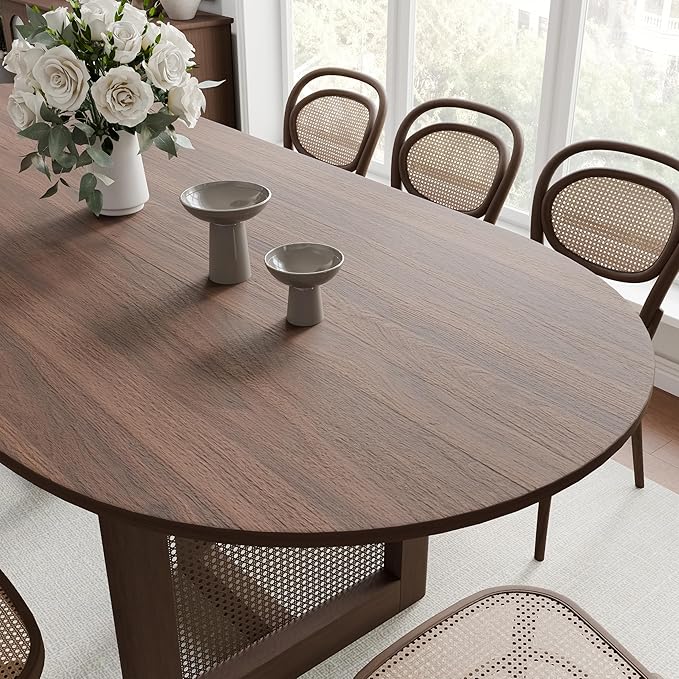 Casaphoria 79" Dining Table for 8, Wood Kitchen Table with Scratch-Resistant Top & Rattan Base, Modern Farmhouse Oval Dining Table for Living Room, Kitchen, Easy Assembly, Walnut (Chairs not included)