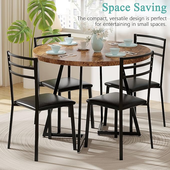 VECELO 35" Round Dining Table for 4, Wood-Grain Tabletop & Heavy-Duty Steel Frame, for Kitchen, Living Room, Easy Assembly, Antique Brown