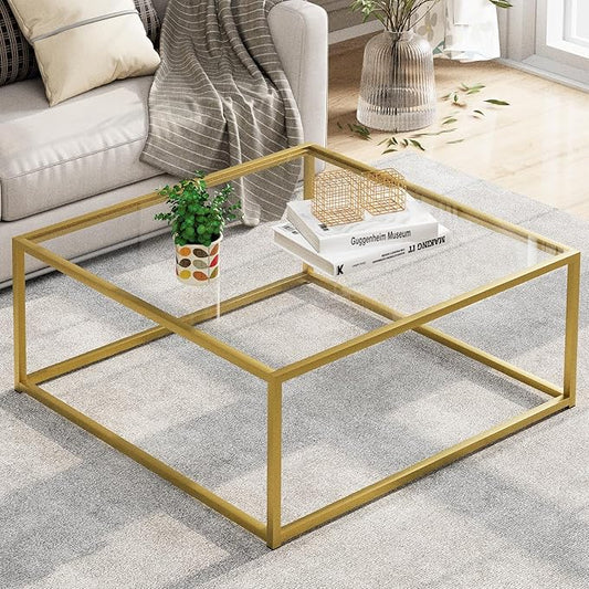 Glass Coffee Table, Small Square Coffee Table for Living Room,Simple Modern Center Tables for Small Spaces, Gold Living Room Tea Tables Easy Assembly,26 * 26in（Gold & Clear Glass）