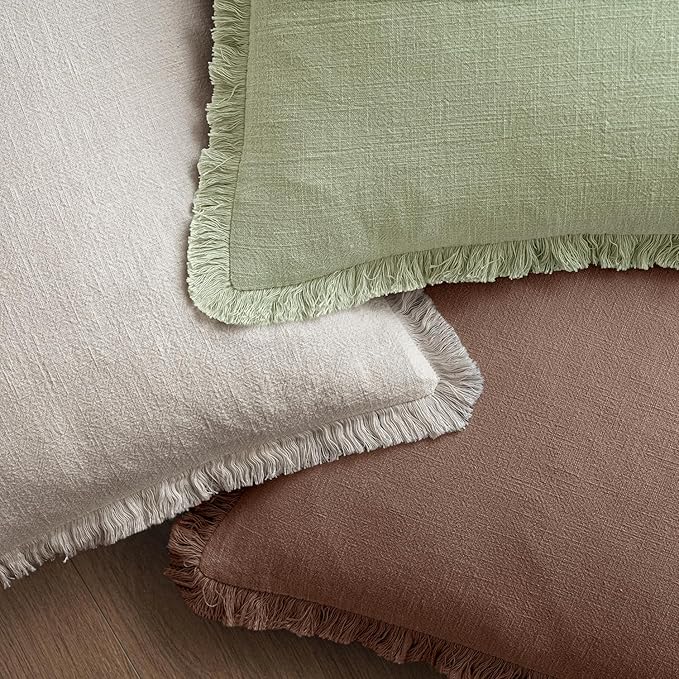 MIULEE Decorative Throw Pillow Covers Neutral Linen Fringe Throw Pillows Euro Shams Set of 2 Dark Coffee Boho Farmhouse Cushion Covers for Couch Sofa Bed Living Room Spring Home Decor 24x24 Inch