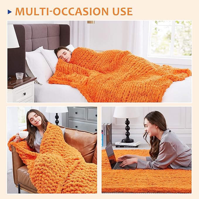 L'AGRATY Chunky Knit Blanket Throw: 72''x84'' Chenille Chunky Knitted Throw Blanket for Bed Couch - Handmade Thick Big Cable Knit Blanket - Large Chunky Crochet Rope Blanket for Home Decor(Orange)