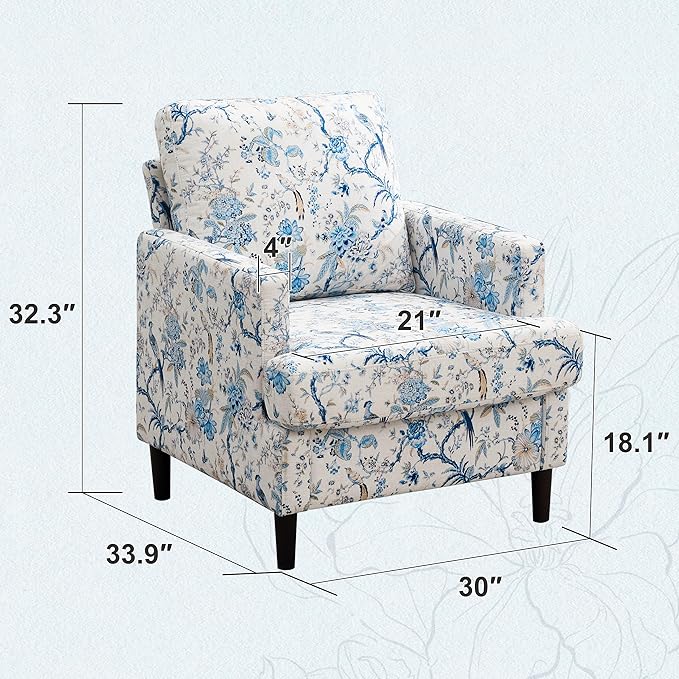 Mid-Century Accent Chair,Modern Linen Fabric Armchair for Living Room,Comfy Upholstered Reading Accent Chairs for Bedroom,Single Sofa Chair with Wood Legs (Blue Flowered Bird, 2 Pack)