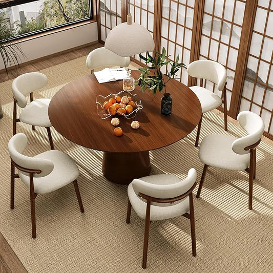 Kitchen Dining Chairs Set of 6 Modern Soft Linen Farmhouse Dining Room Chair with Metal Legs, Beige/Walnut