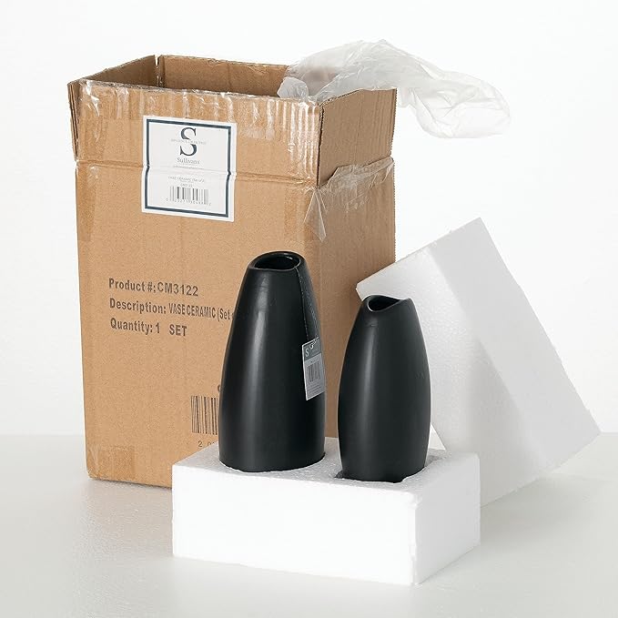 Sullivans Black Vase Set, Modern Home Decor, Ceramic Vases for Home Decor, Black Vases for Fake or Real Flowers, Minimalist Living Room Decor, Decorative Vase Set for Your Shelf and Mantle (CM3122)