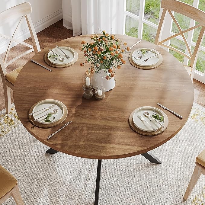 ChooChoo 47.2 Inch Round Dining Table for 4, Farmhouse Wood Kitchen Table, Circle Dinner Table for Kitchen & Dining Room, Walnut