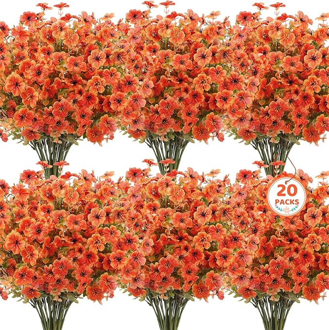 20 Bundles Artificial Fall Flowers for Outdoors Decoration, Fake Mums Silk Daisy Faux Plastic Plants Boston Fern UV Resistant for Autumn Thanksgiving Garden Planters Home Decor, Orange