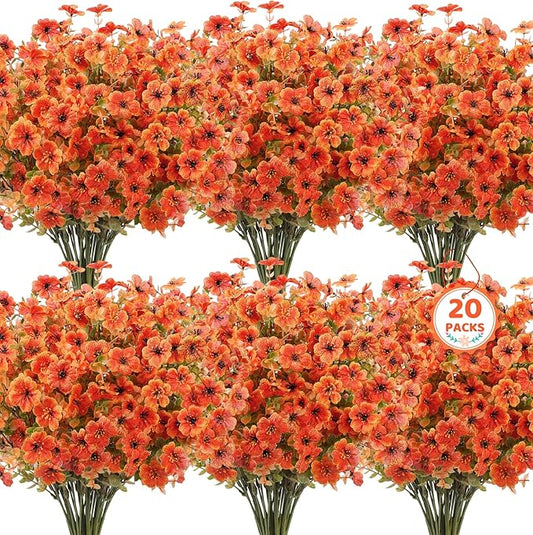 20 Bundles Artificial Fall Flowers for Outdoors Decoration, Fake Mums Silk Daisy Faux Plastic Plants Boston Fern UV Resistant for Autumn Thanksgiving Garden Planters Home Decor, Orange