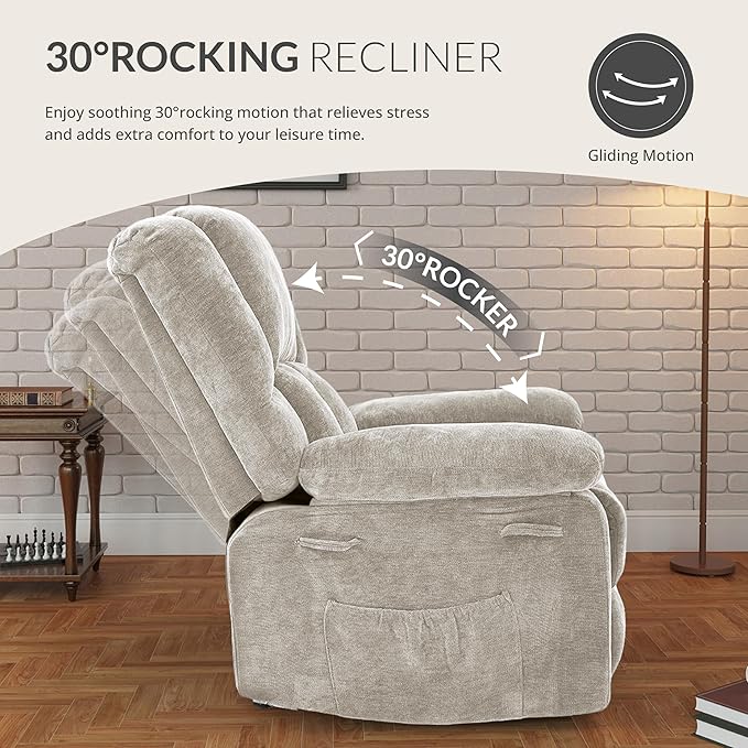 Velvet Rocker Recliner for Adults, Overstuffed Manual Recliner Chair with Spring Cushion, Rocking Chair with Side Pockets, Nursery Glider Recliner Single Sofa for Living Room (Oversize, Beige)