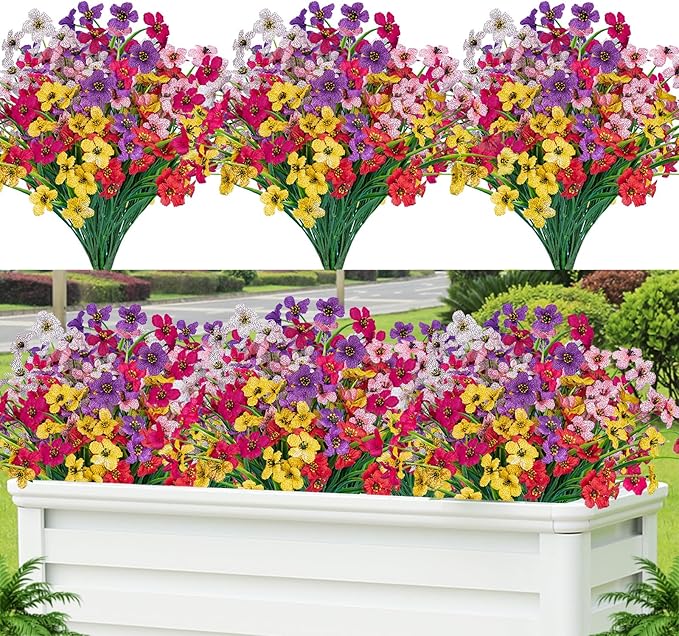 Lnoicy 12 Pcs Artificial Flowers for Outdoor,Plastic Flowers Decoration, UV Resistant Faux Flowers Shrubs, Artificial Plants for Indoor Outside Garden Home Wedding Farmhouse（6 Color）