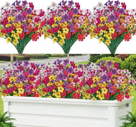 Lnoicy 12 Pcs Artificial Flowers for Outdoor,Plastic Flowers Decoration, UV Resistant Faux Flowers Shrubs, Artificial Plants for Indoor Outside Garden Home Wedding Farmhouse（6 Color）