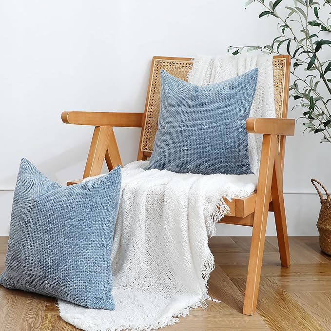 Stellhome Pack of 2 Woven Textured Decorative Throw Pillow Covers Soft Chenille Accent Luxury Cushion Cases for Living Room Couch Bed Sofa Farmhouse Boho Home, 20x20 inch, Dusty Blue