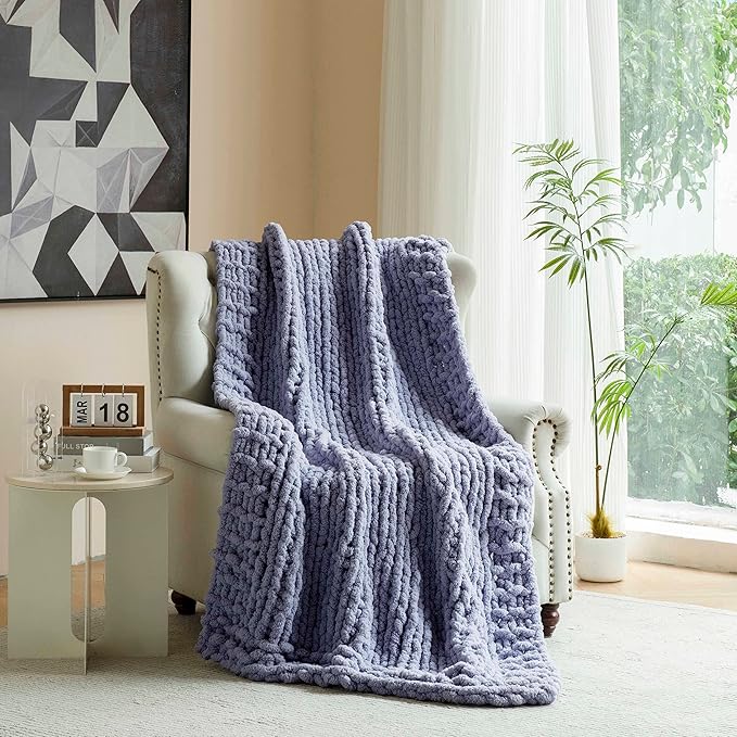 clootess Chunky Knit Blanket Knitted Throw Crochet Chenille Yarn Woven for Bed Sofa Textured Thick Cable Decor (Storm Grey 40x60in)