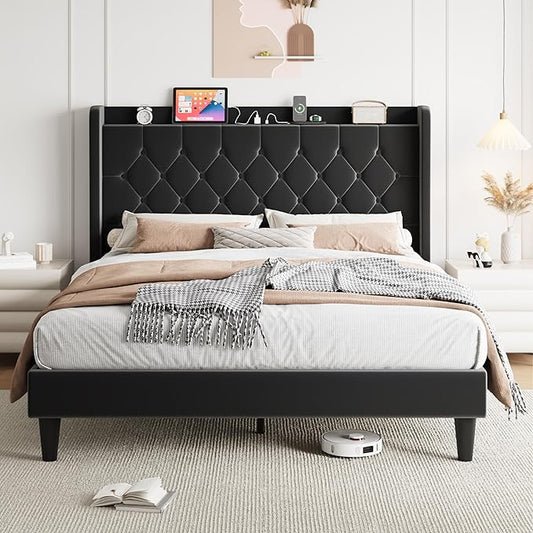 SHA CERLIN Queen Size Platform Bed Frame with Charging Station, Velvet Wingback Headboard with Storage Shelf, Wooden Slats Support, Ample Under-Bed Space, No Box Spring Needed, Easy Assembly, Black