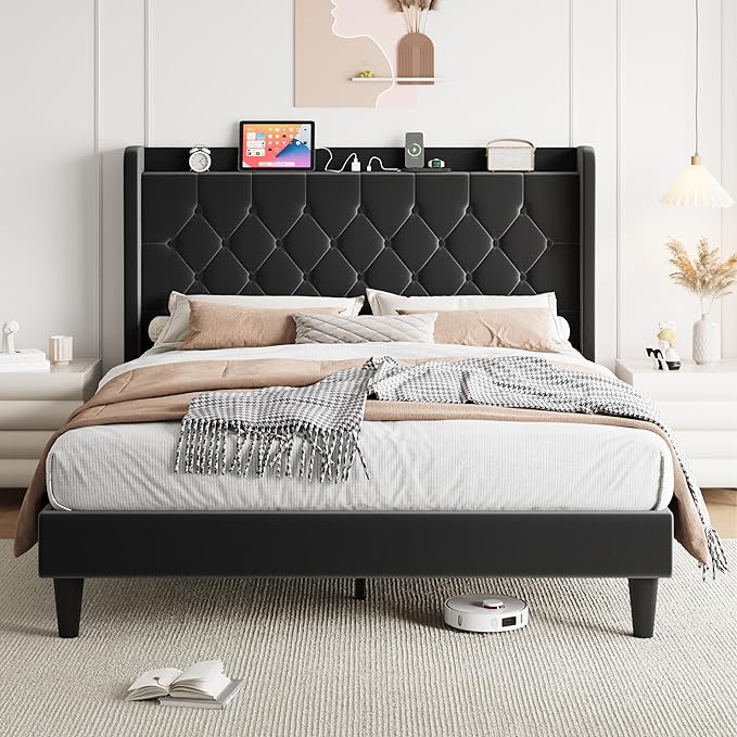 SHA CERLIN Full Size Platform Bed Frame with Charging Station, Velvet Wingback Headboard with Storage Shelf, Wooden Slats Support, Ample Under-Bed Space, No Box Spring Needed, Easy Assembly, Black