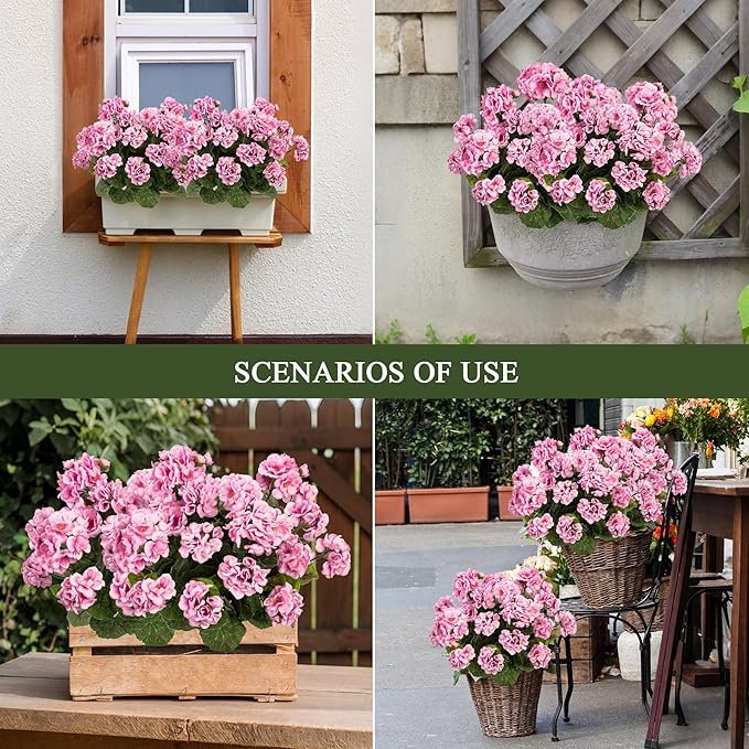 4PCS Home Decor Fake Plants Artificial Flowers Artificial Geraniums Outdoor Fake Flowers Artificial Flowers Fake Silk Bouquet, Fall Decor for Interior Porch Garden Decoration (Pink) 14.4"