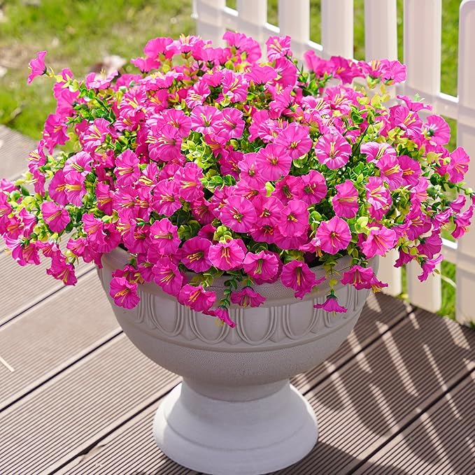 Artificial Flowers Fake Plants for Outdoors Decoration, 12 Bundles Silk Morning Glory with Eucalyptus Realistic UV Resistant Fuchsia Faux Flowers for Outside Planter Yard Patio Garden Home Indoor