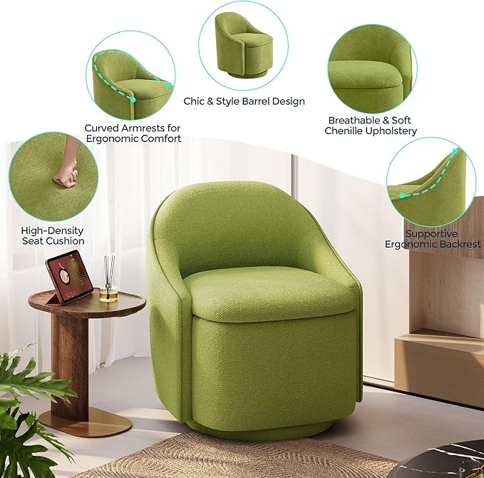 LINSY Swivel Accent Chair with Storage Comfy Chenille Barrel Chairs, Small 360 Swivel Modern Armchair for Living Room Bedroom, Boucle Reading Chair for Study Room (Green)