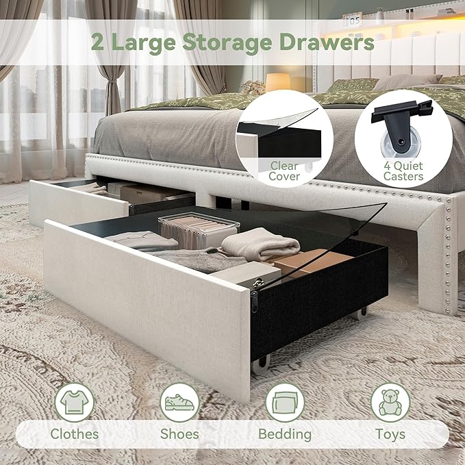 Torana Queen LED Bed Frame with 2 Drawers, Linen Upholstered Storage Wingback Headboard Beds, Channel Tufted Platform Bedframe with Rivet Decor, No Box Spring Needed, Natural
