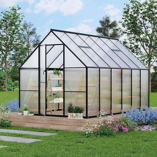 8x14 FT Outdoor Walk in Greenhouse,Polycarbonate Green House Vented Roof Window,Heavy Duty Greenhouse with Aluminum Frame for Backyard Patio Gardening