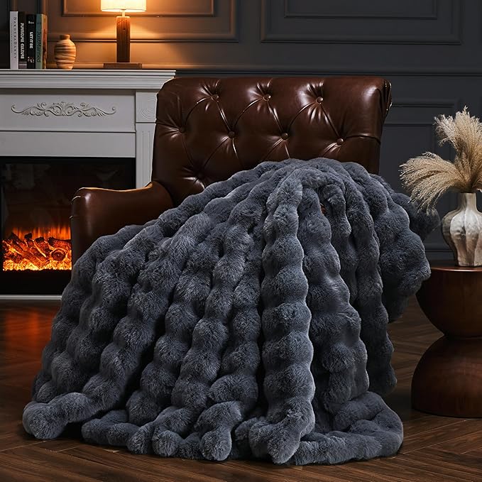 Faux Fur Throw Blanket for Couch, Fluffy Fuzzy Plush Bubble Blanket, Soft Warm Cozy Shaggy Rabbit Blanket, Luxury Decorative Gifts for Sofa Bedroom Living Room, 60x50inch (Grey)