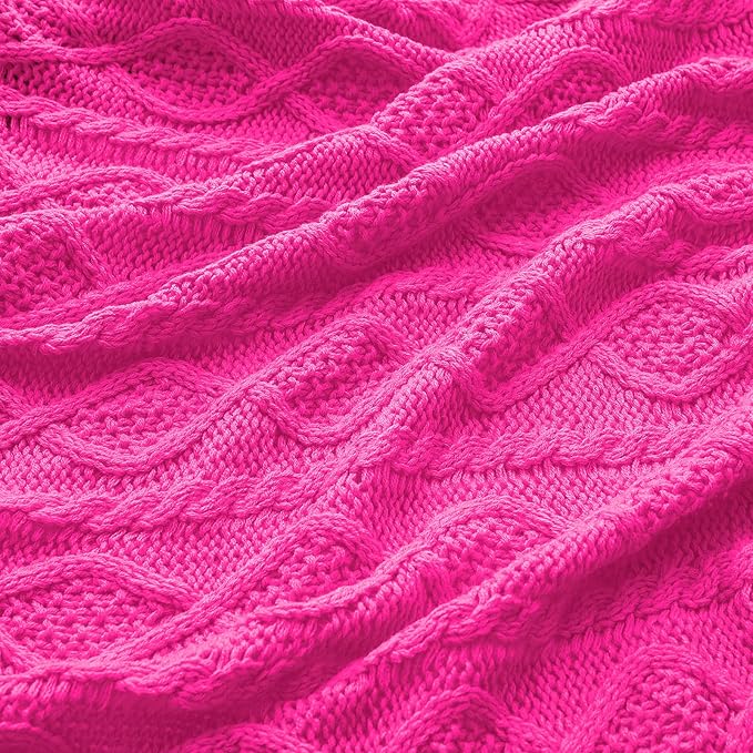 Homiest Hot Pink Cable Knit Throw, 60 x 80 Inch Acrylic Knitted Blanket with Diamond Texture, Soft & Cozy Decorative Blanket for Couch, Bed, Sofa
