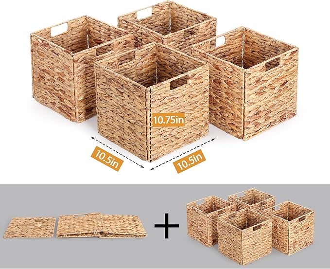 10.5 x 10.5in Wicker Storage Baskets, Cube Foldable Water Hyacinth Storage Baskets for 11 x 11 Cube Shelves Set of 4