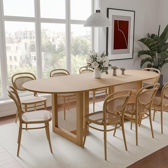 Casaphoria 79" Dining Table, Wicker Base Modern Kitchen Table for 4-6, Farmhouse Style with Oval Top & Wicker Base, Easy Assembly for Living Room, Kitchen, Natural Wood