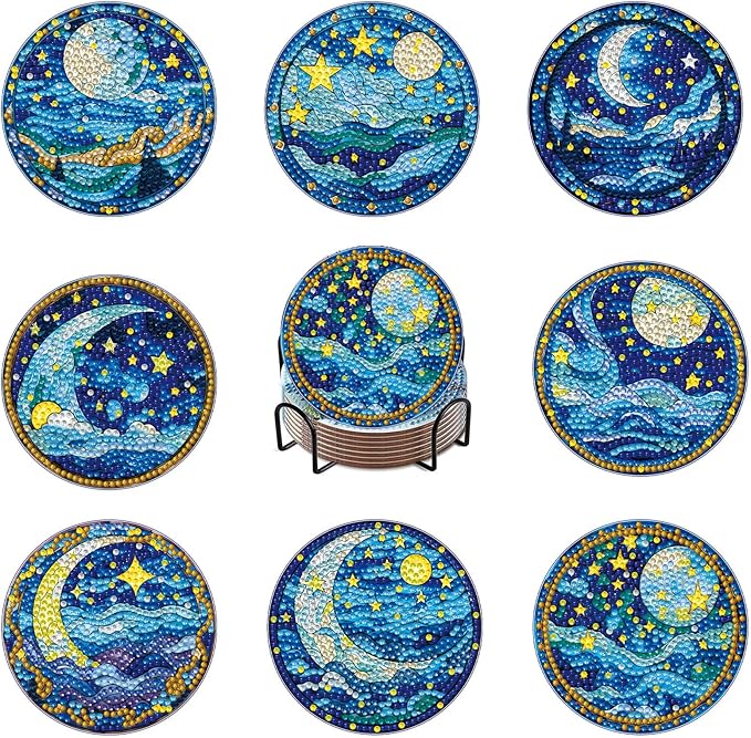 8 PCS Moon Diamond Art Coasters Kits, Diamond Painting Coasters with Holder Set of 8, DIY Drink Coasters Art Crafts Supplies for Adults Cup Mat for Home Decor House Warming Gifts Non-Slip 3.9inch
