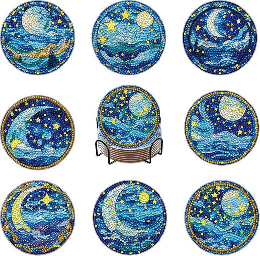 8 PCS Moon Diamond Art Coasters Kits, Diamond Painting Coasters with Holder Set of 8, DIY Drink Coasters Art Crafts Supplies for Adults Cup Mat for Home Decor House Warming Gifts Non-Slip 3.9inch