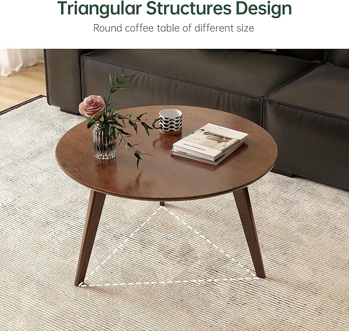 100% Solid Oak Wood Coffee Table Set, Round Coffee Table Combo Side Table w/Solid Wood Legs, Mid Century Table Sturdy Tables for Bedroom Balcony Living Room (Walnut, Small-Medium Combo)