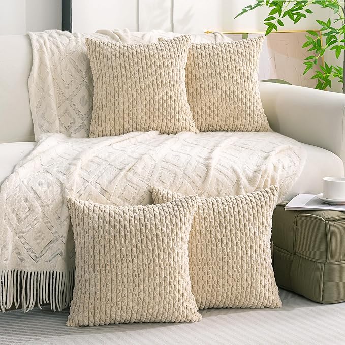 Set of 4 Beige Decorative Throw Pillow Covers 16x16 Inch Corduroy Pillow Covers for Bed Couch Sofa Living Room Soft Square Cushion Cases