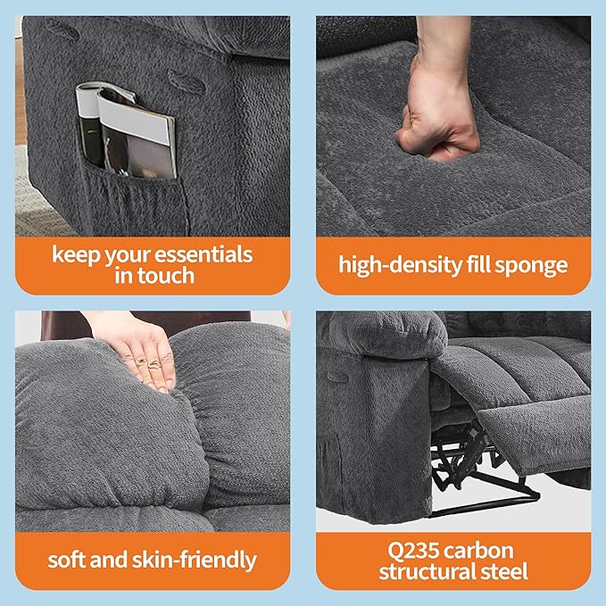 Oversized Rocker Recliner Chair for Adult, Ergonomic Nursery 150° Recliner Chair with Footrest,Extra Wide Manual Recliners,Upholstery Overstuffed Soft Rocking Sofa Chair,Grey