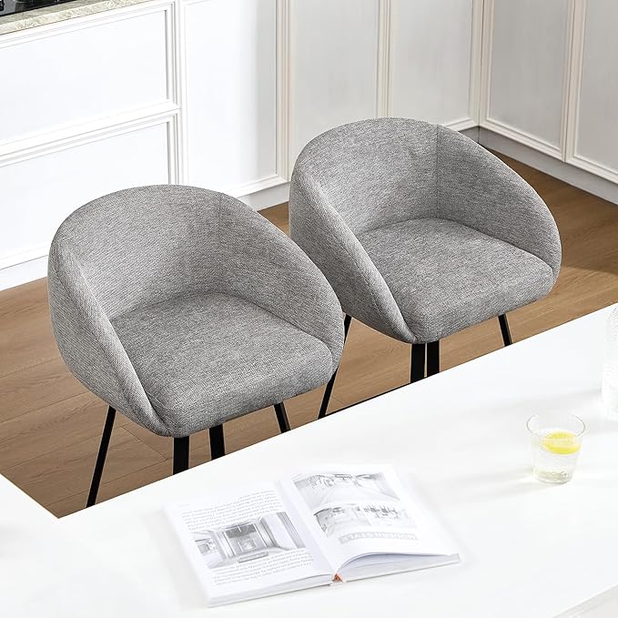 Zesthouse Swivel Counter Height Stools Set of 2, Modern Bar Stools for Kitchen Island, 26" Upholstered Kitchen Counter Height Barstools with Barrel Arms & Backs, Grey Linen Fabric Bar Chairs