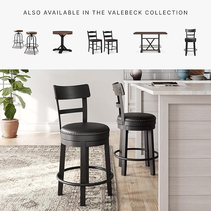 Signature Design by Ashley Valebeck 30.38" Casual Pub Height Upholstered Swivel Barstool, Black