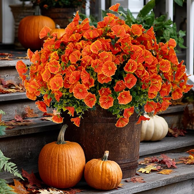 Artificial Fall Flowers Outdoor Fake Mums - 16 Bundles Fake Plants UV Resistant No Fade Faux Plastic Greenery Garden Morning Glory Home Decor (1, Orange)