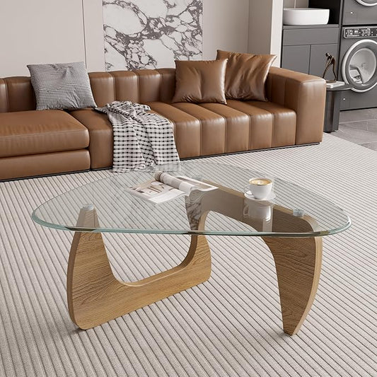 Modern Glass Coffee Table, Triangle Center Table with Tempered Glass Top& Unique Wooden Base, 31.5” Mid Century Tea Tables for Living Room, Apartment, Office,Wood &Transparent