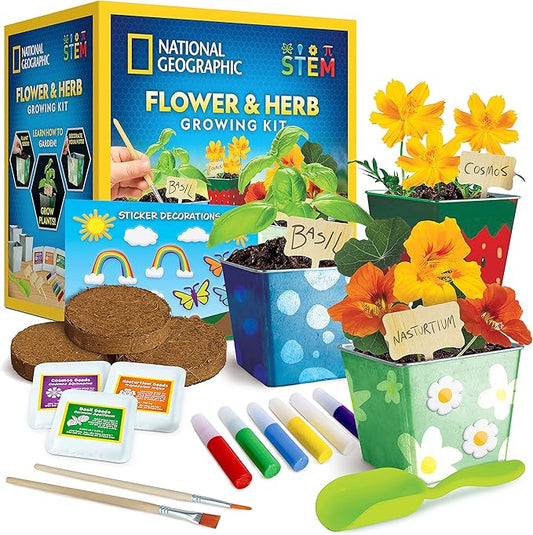 National Geographic Flower & Herb Gardening Kit for Kids - Gardening Set with 3 Stainless Steel Pots, Paint & Stickers, Kids Plant Growing Kit