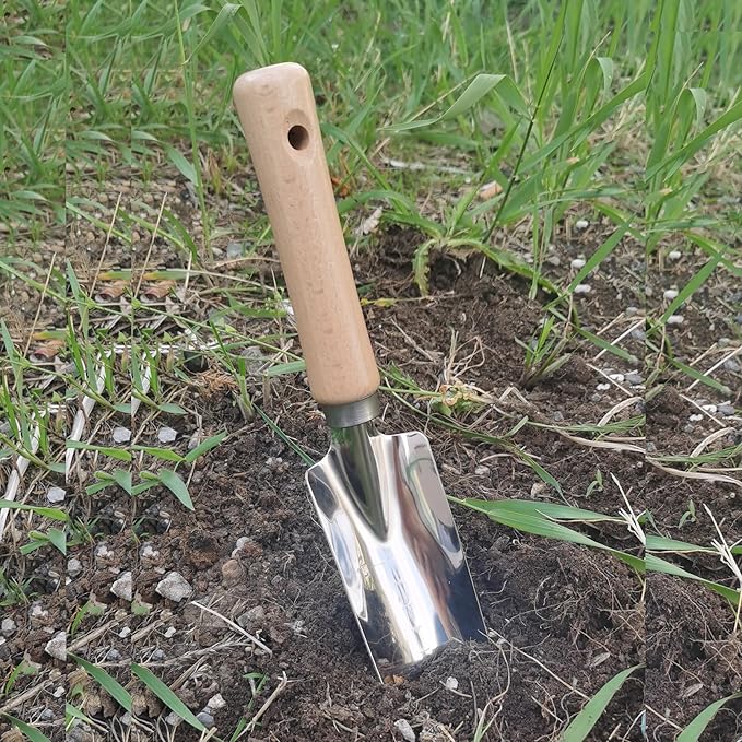 Garden Tools Set, 5 Piece Stainless Steel Hand Tool Kit with Ergonomic Wooden Handle, Heavy Duty Gardening Tools Include Hand Trowel, Transplant Trowel, Hand Rake, Hand Fork and Weeder