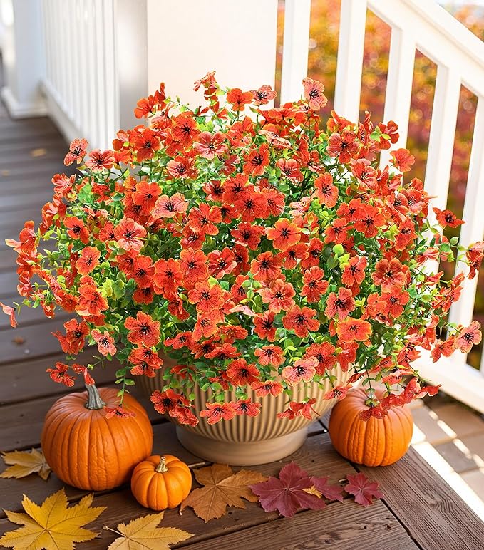 Artificial Fall Flowers Faux Mums for Outdoor Indoor Garden Home Decoration, Faux Flower Daisy with Eucalyptus Leaves Fake Mums Plants Greenery Boxwood Porch Patio, 12 Bundles (Orange)