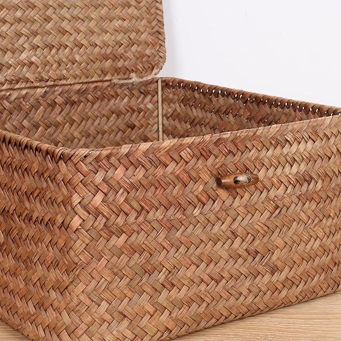 Wicker Shelf Baskets with Lid, Handwoven Seagrass Storage Basket Bins Square Gift Boxes for Shelves Home Decor Organizer (Coffee, X-Small)