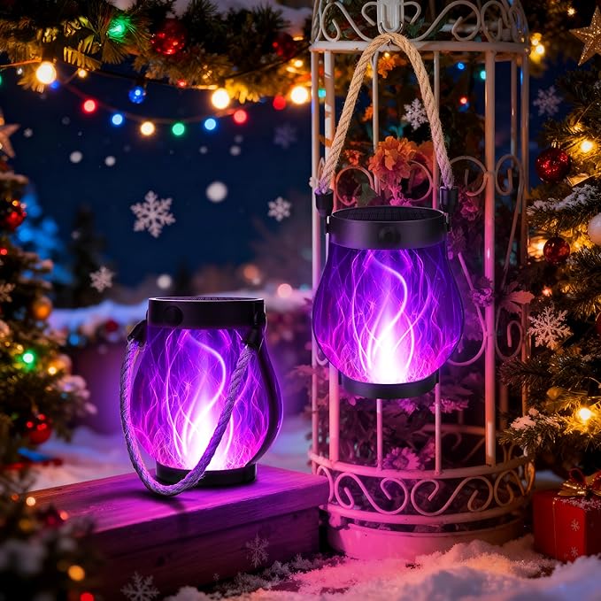 Christmas Solar Flame Lantern Hanging Outdoor Waterproof Purple - 2 Pack Flame Lanterns with Dual Charging Modes of Solar & USB for Garden or Yard Decorations (Purple - 2 Pack)