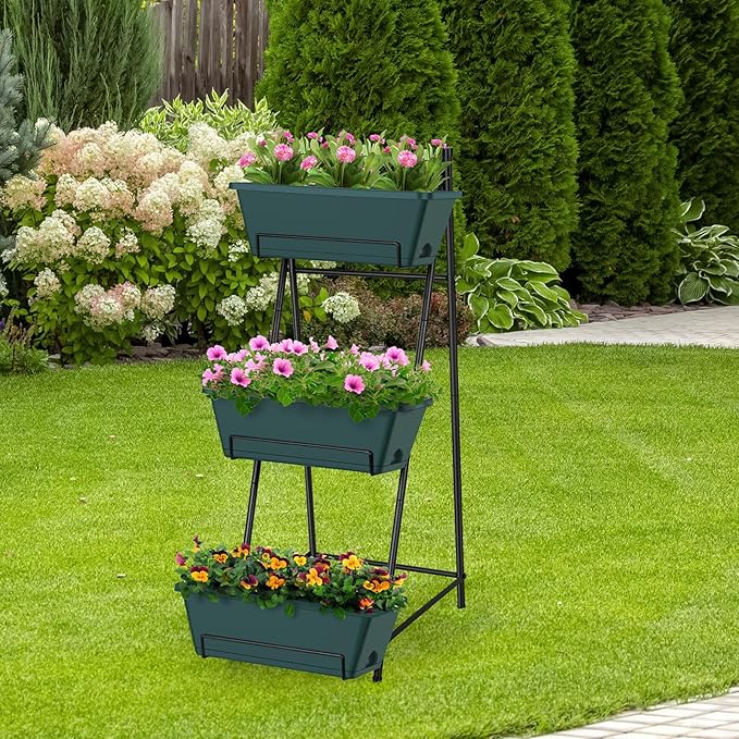 Raised Garden Bed 3 Tier Vertical Garden Planter Standing Garden Bed Planter Box Outdoor Herb Planter with Drainage Holes Removable Tray for Patio Balcony Porch Green