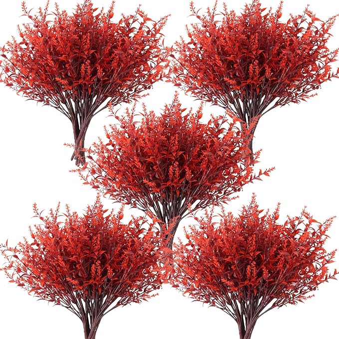 RECUTMS Artificial Fall Flowers Bulk Fall Lavender Fake Plants Artificial Greenery Faux Plants Outdoor Deals 36 Bundles Faux Autumn Plant Fake Shrubs for Indoor Bookshelf Yard Decorations (Wine Red)