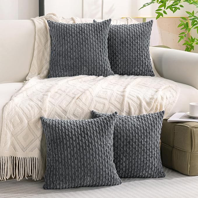 Set of 4 Medium Grey Decorative Throw Pillow Covers 24x24 Inch Corduroy Pillow Covers for Bed Couch Sofa Living Room Soft Square Cushion Cases