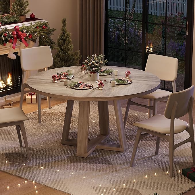 GAOMON Round Dining Table for 4-6, 47" Circle Dining Room Table with Sturdy Cross Base, Farmhouse Wood Dinner Table for Apartment Kitchen Living Room, Grey (Table Only)