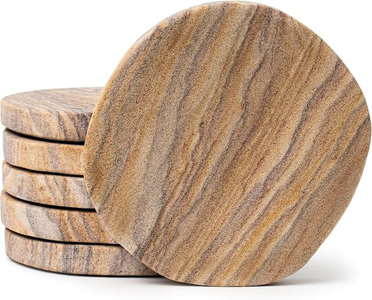 Cork & Mill Absorbent Coasters Set of 6 - Water Absorbing Sandstone Coasters for Drinks - Perfect for Coffee Table, Office Desk, Outdoor, Bedroom Nightstand - 4" Round - Unique Irregular Edge Design