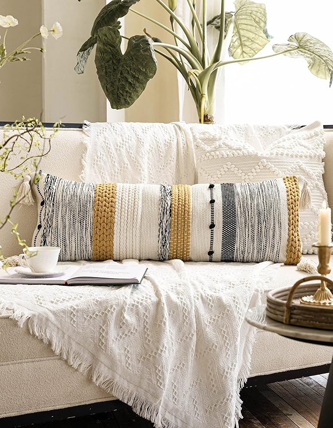 BlissBlush Fall Decorative Lumbar Throw Pillow Cover 14x36 Boho Long Cushion for Bed Yellow Mustard Accent Farmhouse Pillowcase for Bedroom Living Room Couch Sofa Home Décor Cover ONLY
