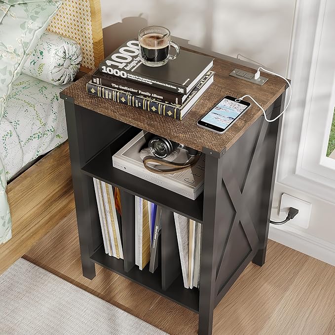 ChooChoo Record Player Stand with Vinyl Storage, Turntable Stand with Charging Station, Record Storage Cabinet, End Side Table for Living Room, Bedroom, Black